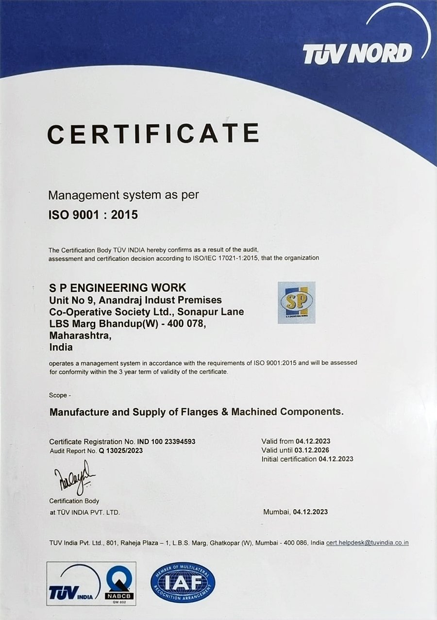 TUV NORD ISO 9001:2015 certificate for SP Engineering Work